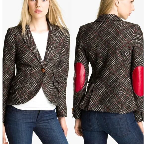 Smythe One Button Gingham Plaid Hunting Elbow Patch Blazer Jacket Black Size 2 - Picture 1 of 9